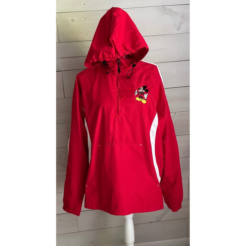 Disney Mickey Mouse Red White Quarter Zip Hooded Windbreaker Jacket Pullover